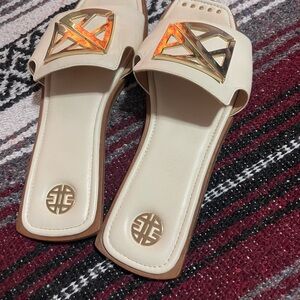 ANTONIO MELANI Cream Slide Sandals with Gold Accents